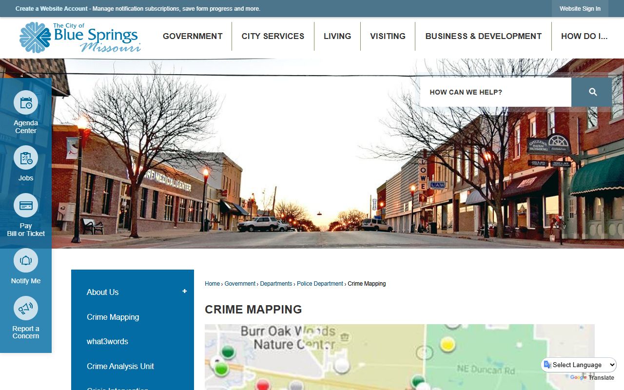 Blue Springs crime mapping tool showing police blotter activity across the city