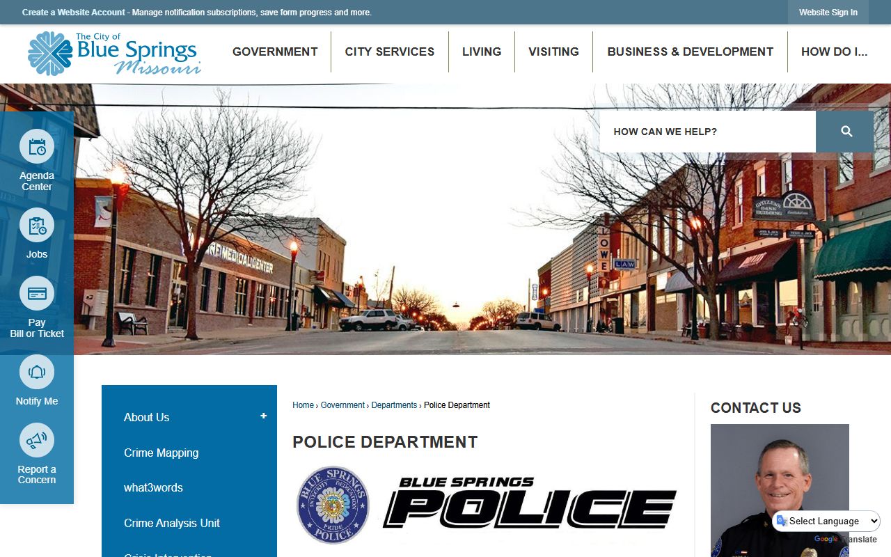 Blue Springs Police Department website for police blotter and crime data