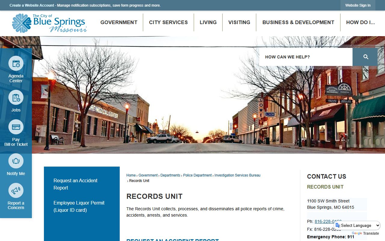 Blue Springs Records Unit page for police blotter records and report access