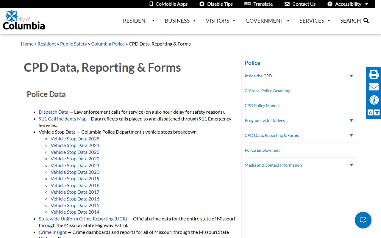 Columbia Police Department data reporting and forms page for police blotter records