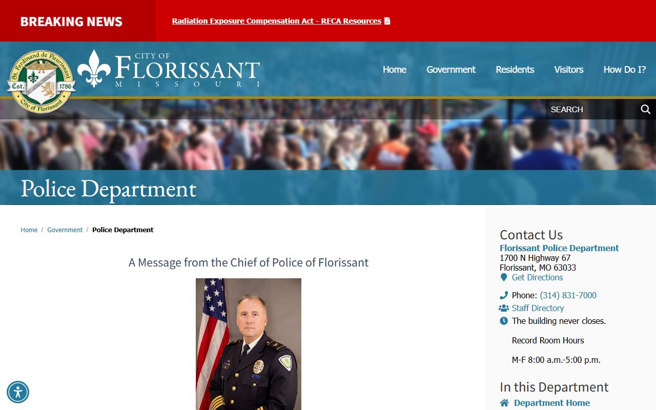 Florissant Police Department page for police blotter and crime report access