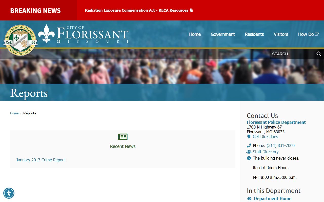 Florissant Police reports and records page for police blotter document access