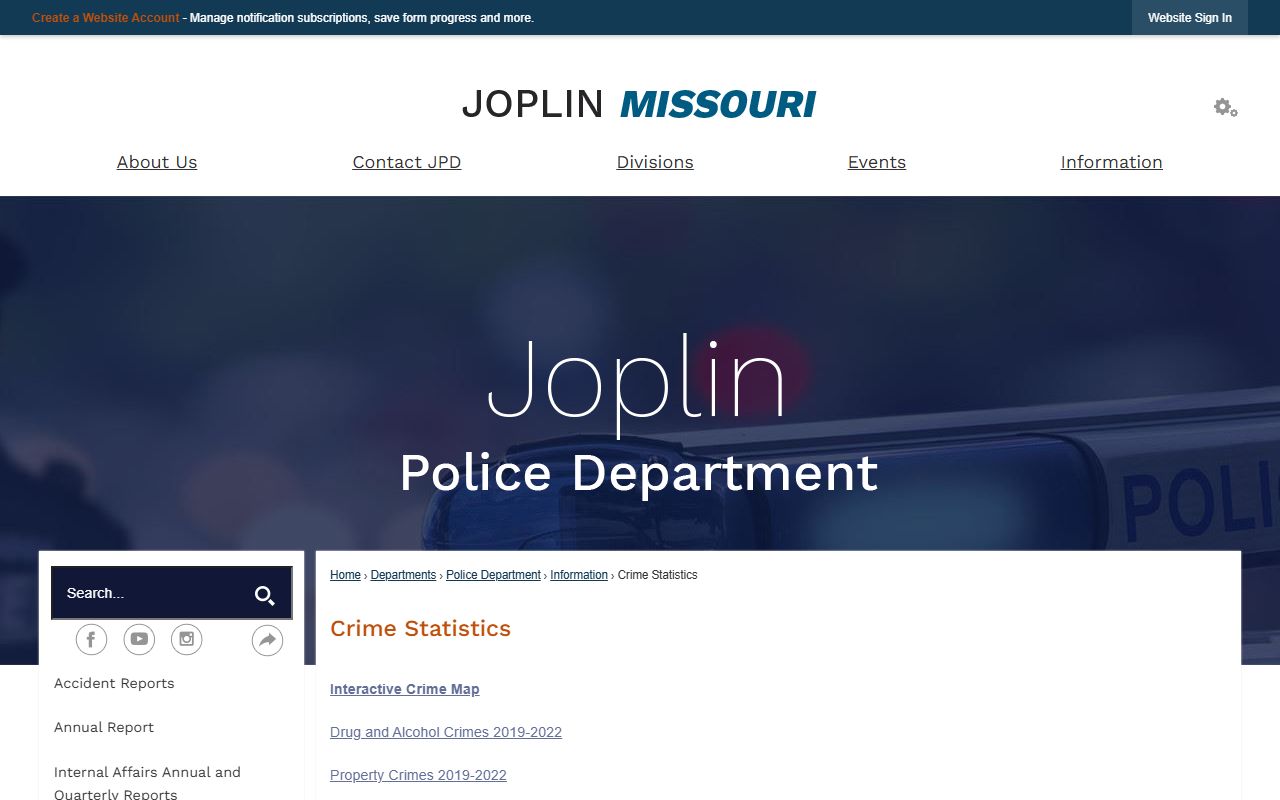 Joplin crime statistics page showing police blotter trends and data