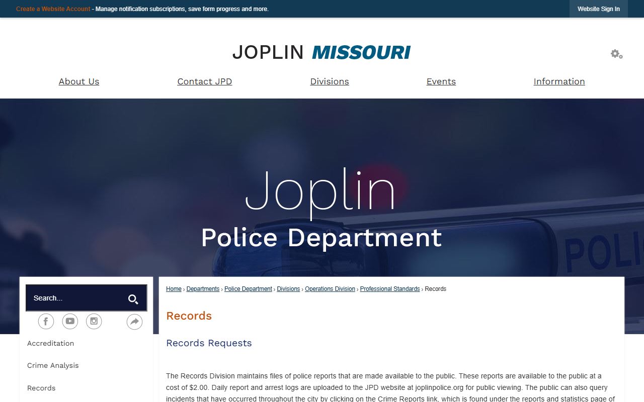 Joplin Police Department media reports page for police blotter access