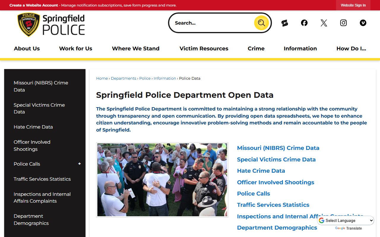 Springfield Police Department page showing police blotter and crime data access
