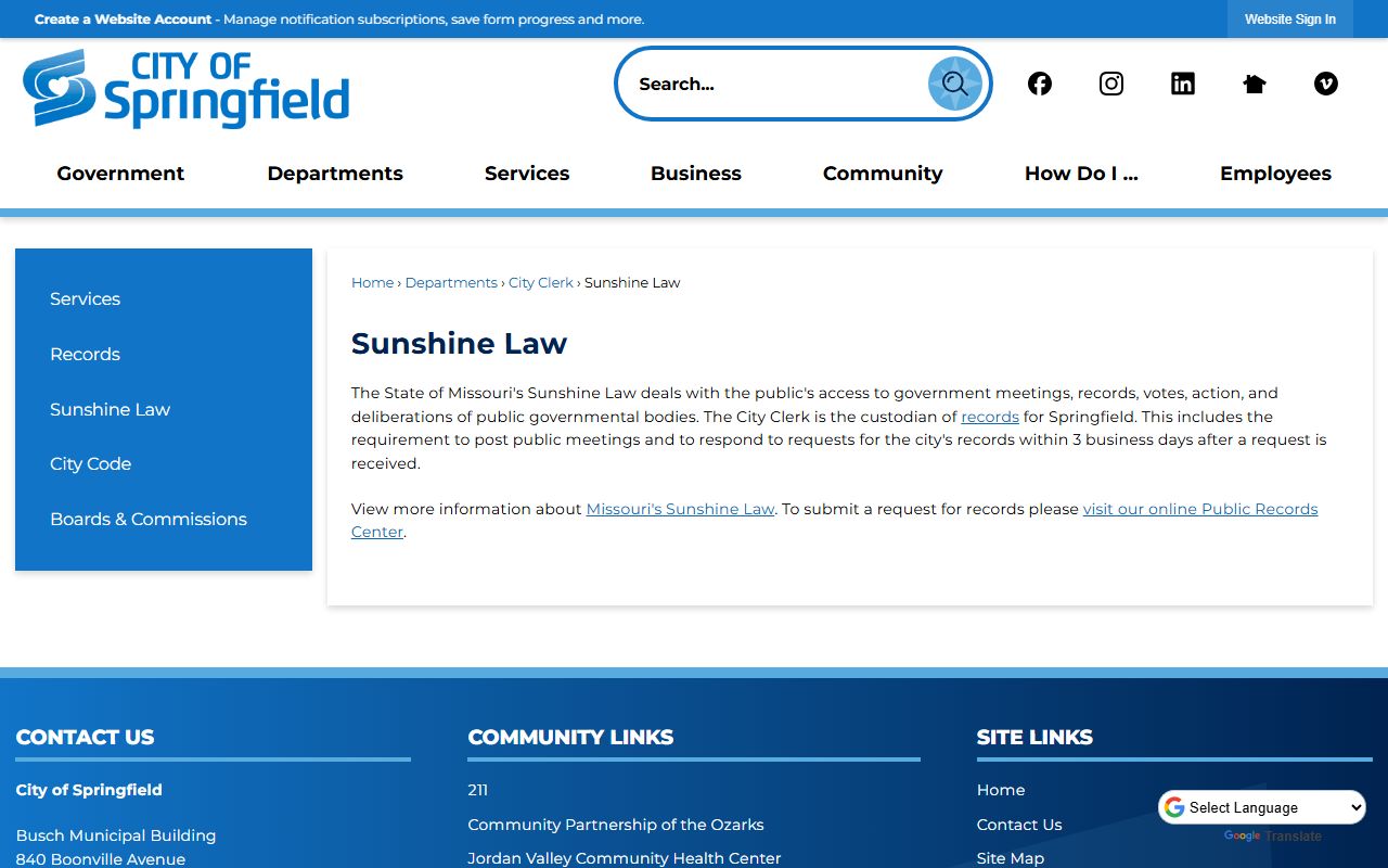 Springfield Sunshine Law records request page for police blotter access
