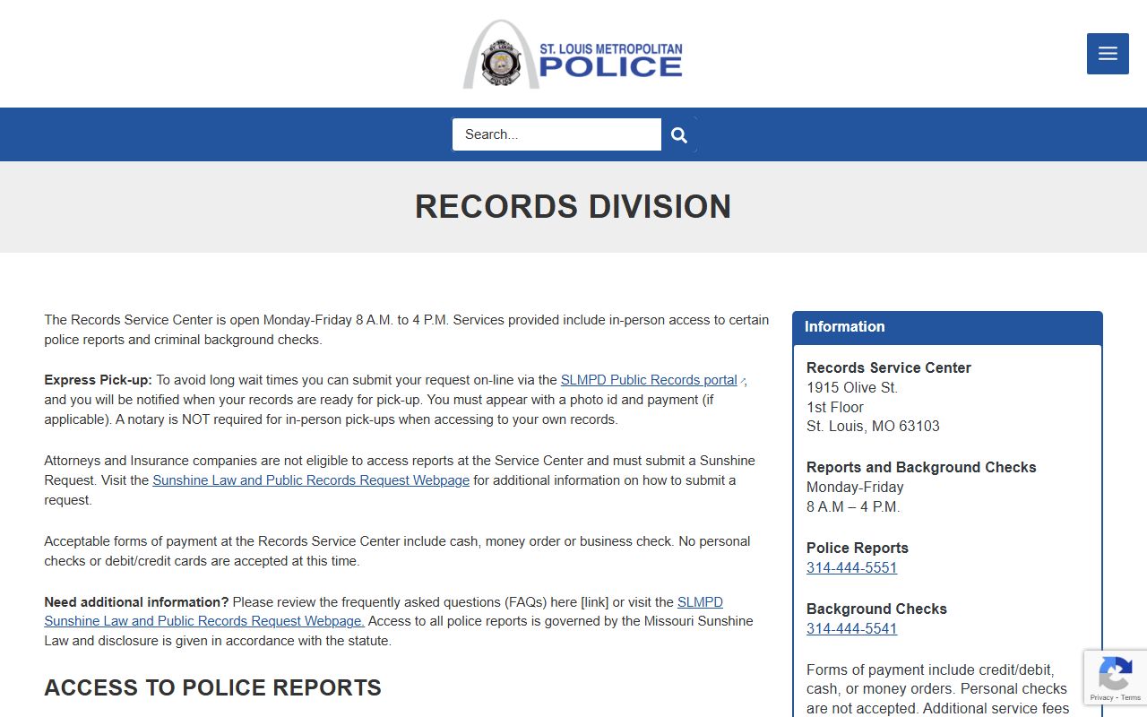 SLMPD Records Division page showing hours and pickup options for St. Louis police blotter