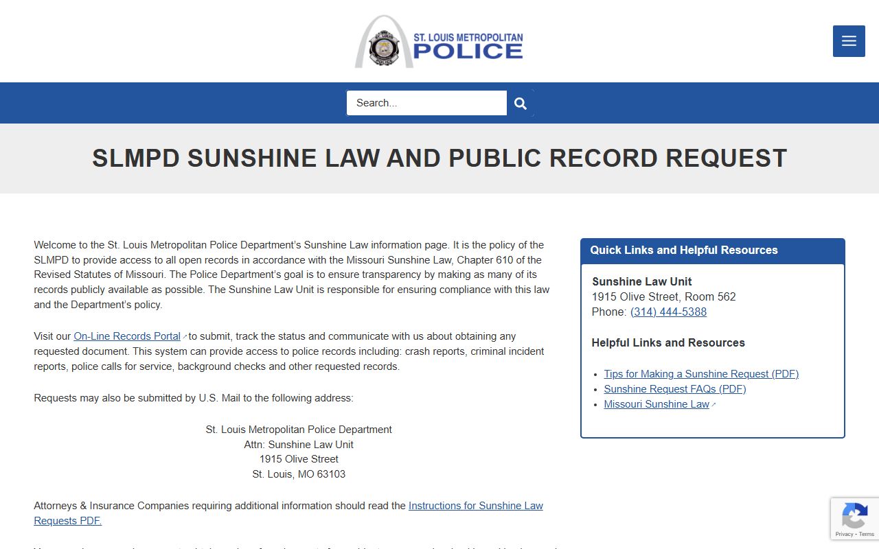 SLMPD Sunshine Law and public records request page for St. Louis police blotter