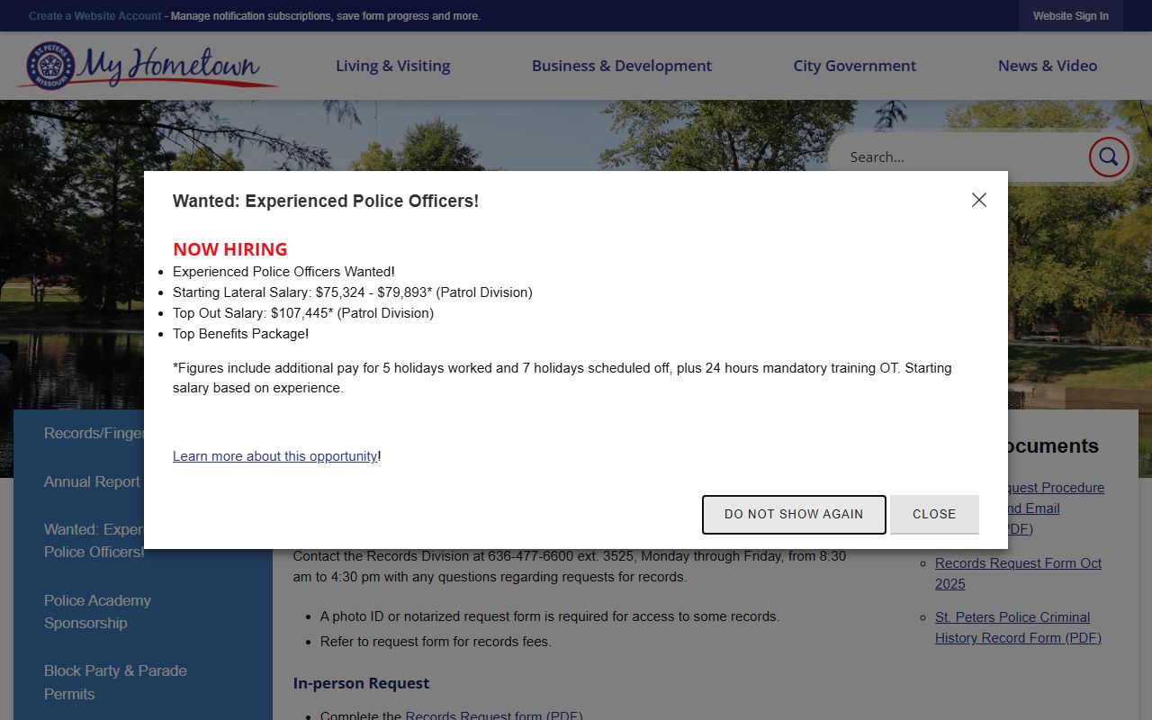 St. Peters Records and Fingerprinting Division for police blotter access