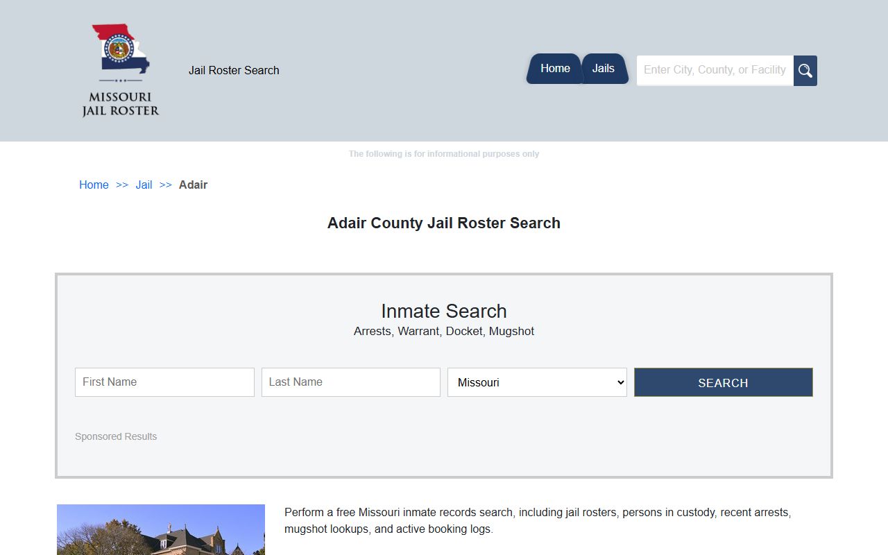 VineLink search page for Adair County police blotter data