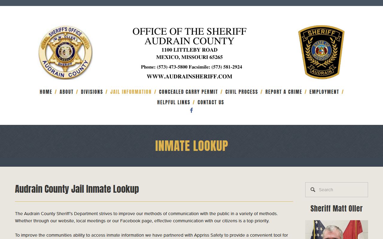 Audrain County inmate lookup tool for police blotter booking records