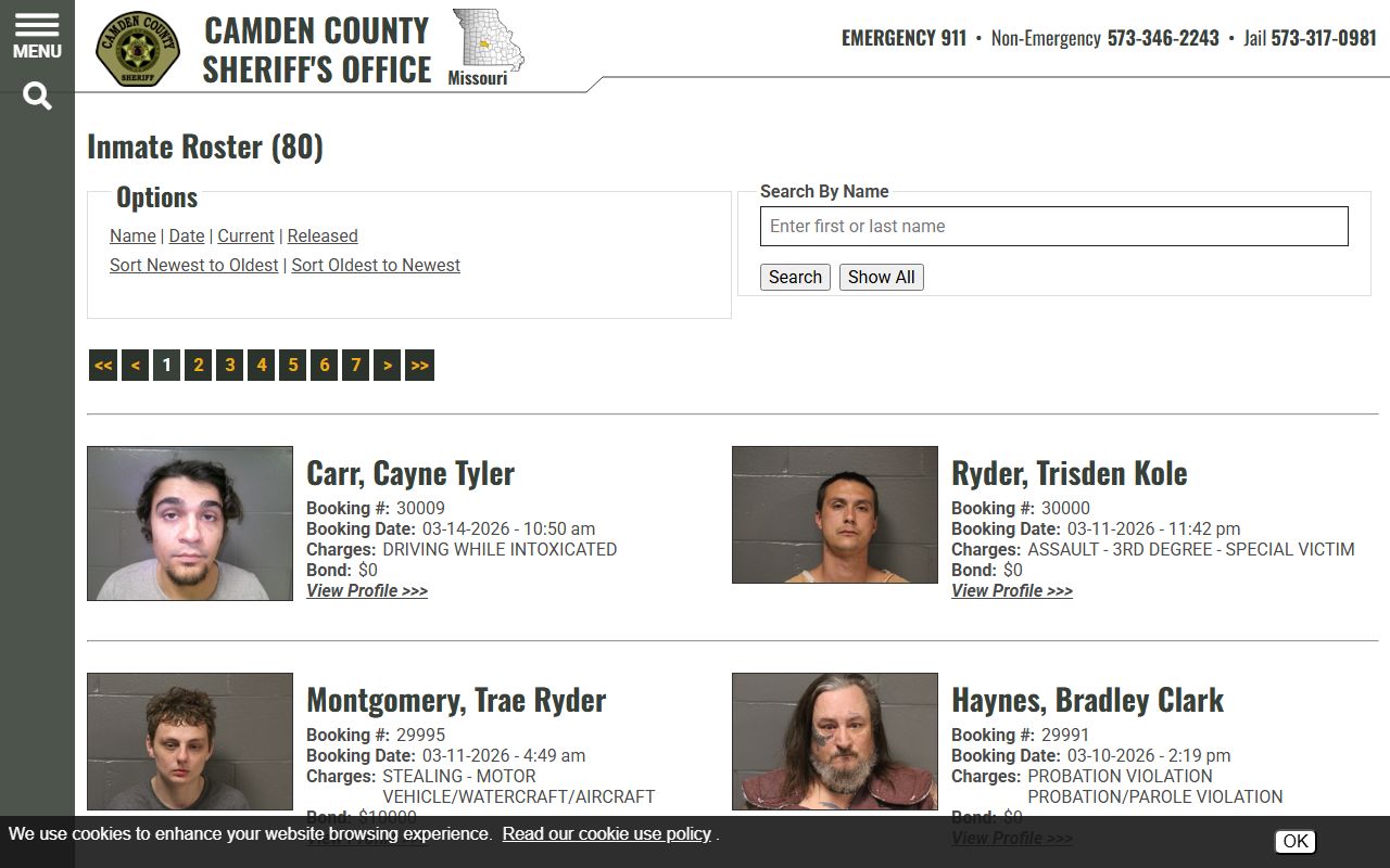 Camden County inmate roster showing police blotter booking data