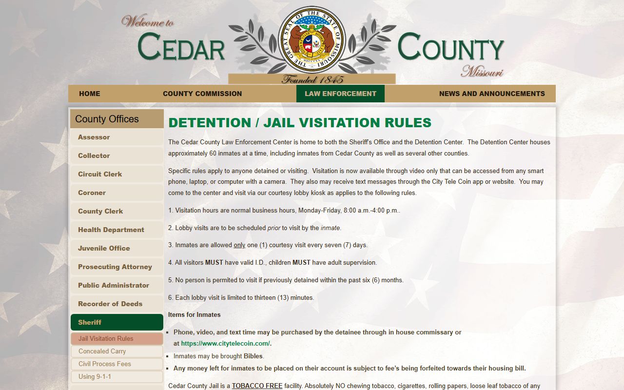 Cedar County Detention Center for police blotter and jail records