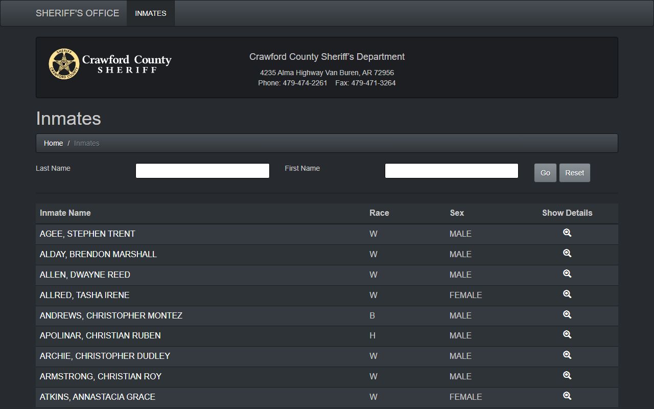 Crawford County Sheriff's Department police blotter and live inmate roster