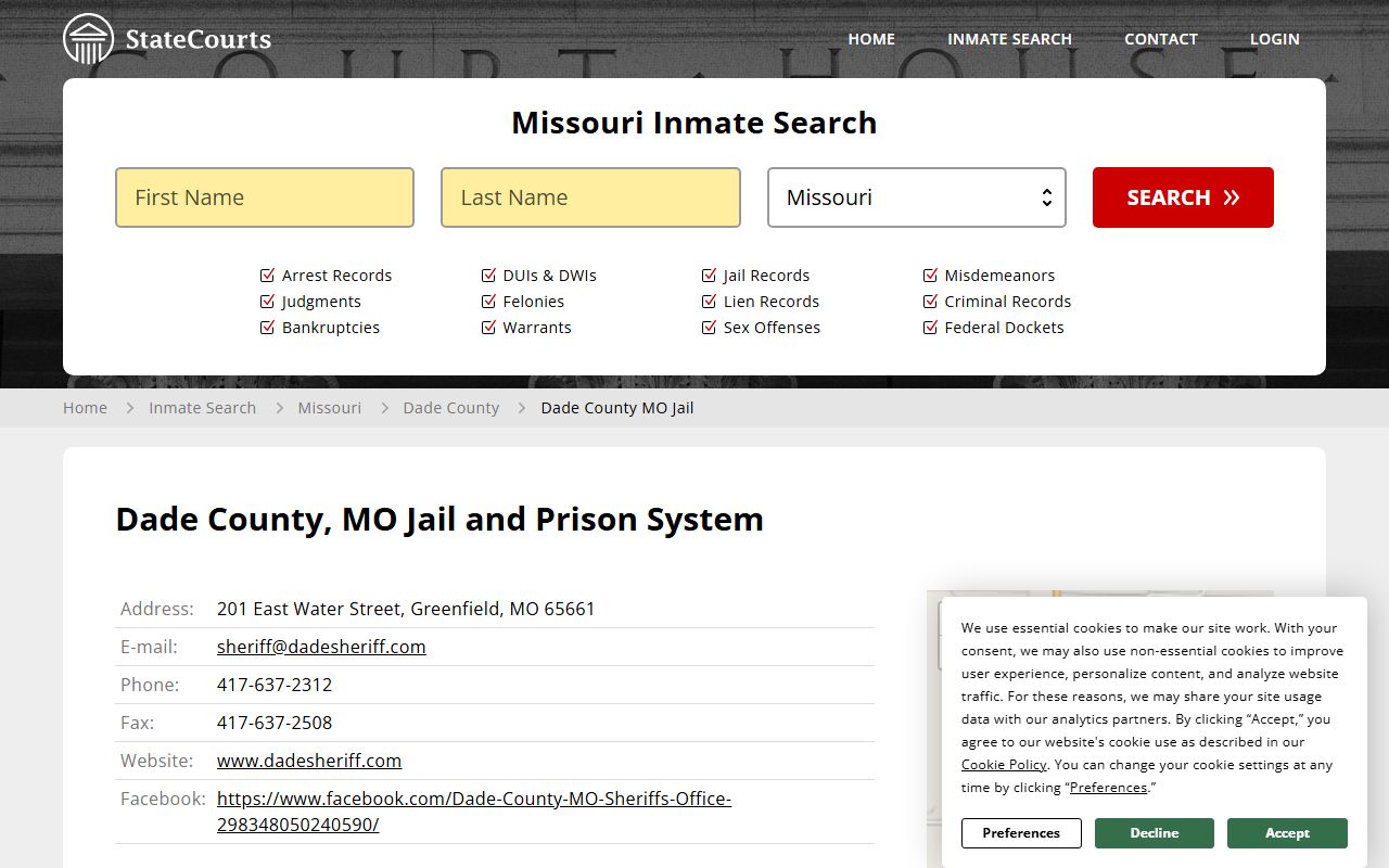 Dade County Missouri jail inmate search for police blotter records