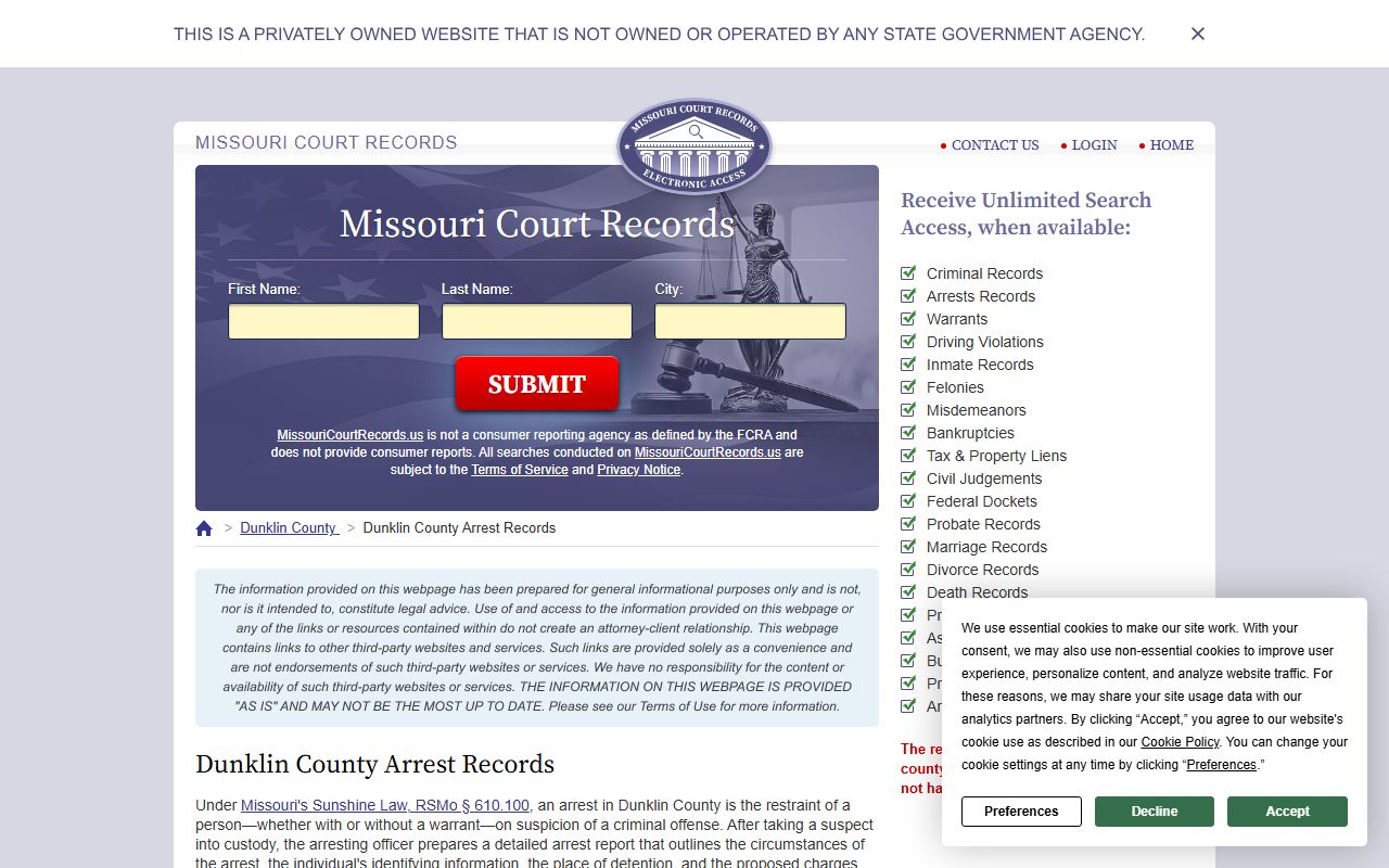 Dunklin County police blotter records and Missouri Sunshine Law information