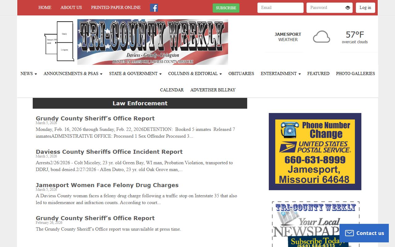 Grundy County Missouri Sheriff's Office police blotter records