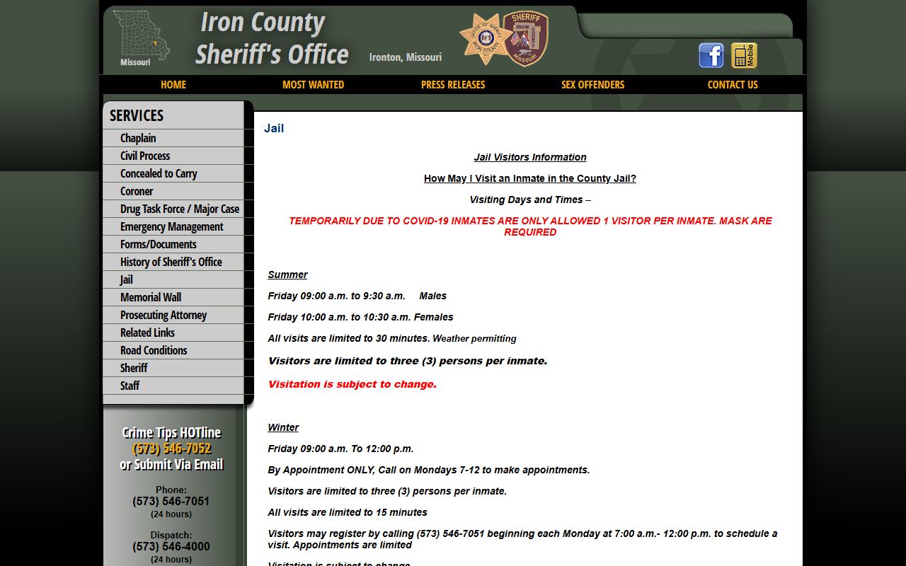 Iron County Missouri jail information and police blotter