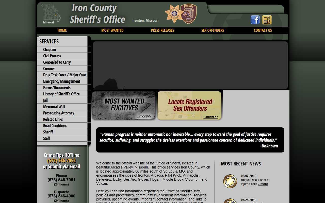 Iron County Missouri Sheriff's Office police blotter records