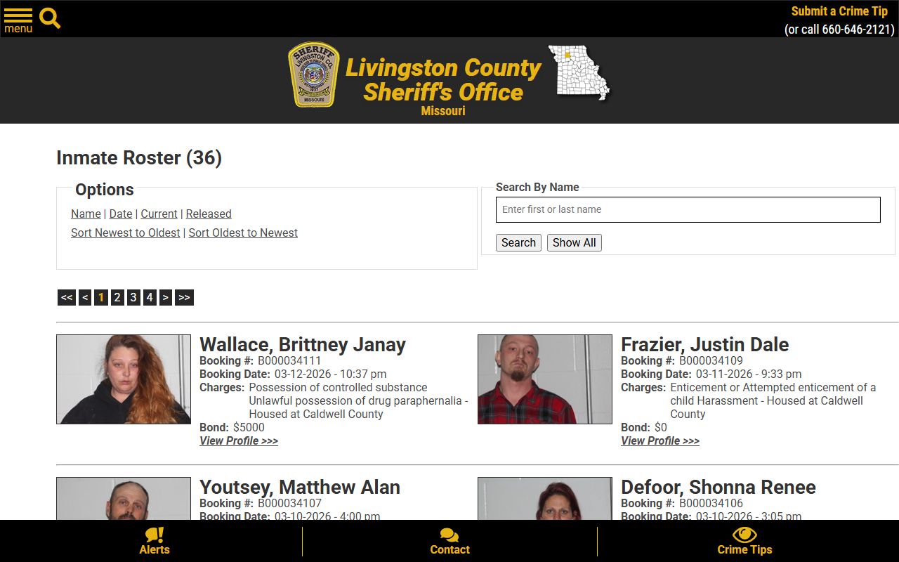 Livingston County Missouri Sheriff's Office inmate roster police blotter