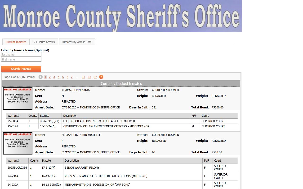 Monroe County Missouri Sheriff's Department police blotter inmate roster