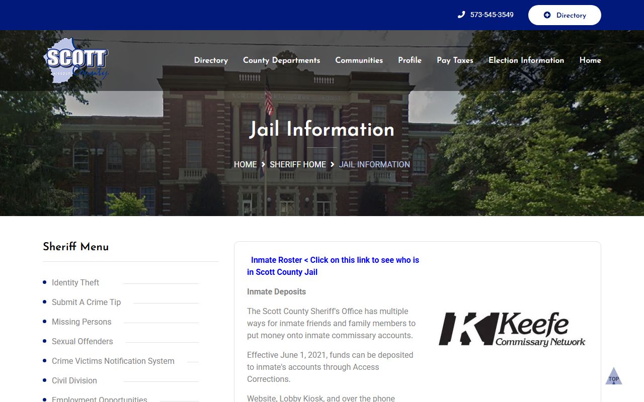 Scott County Jail information page for police blotter inmate search