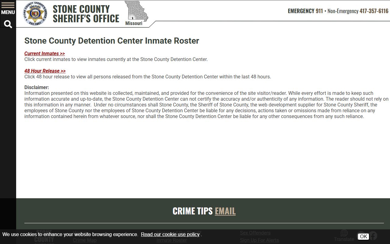 Stone County Detention Center inmate roster for police blotter records