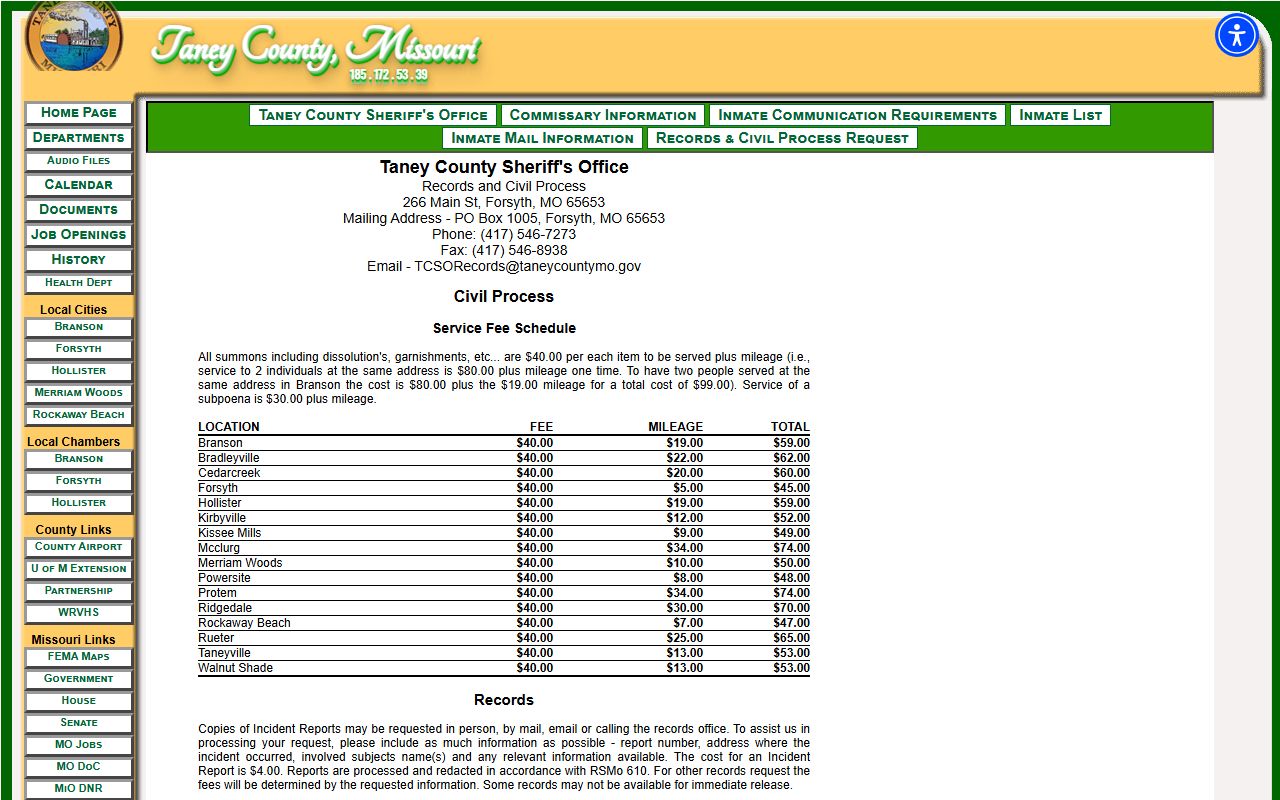 Taney County Records and Civil Process division for police blotter requests