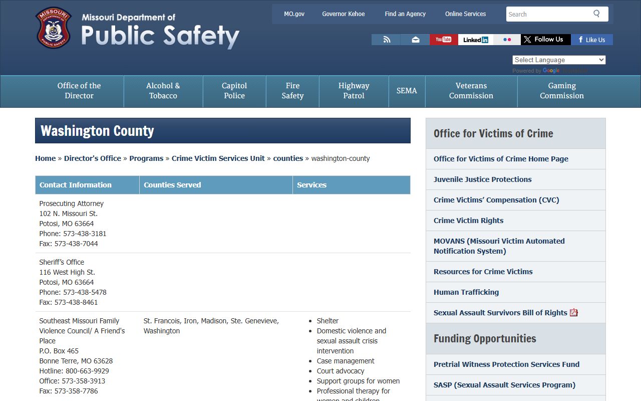 Washington County Sheriff's Office police blotter records in Potosi Missouri