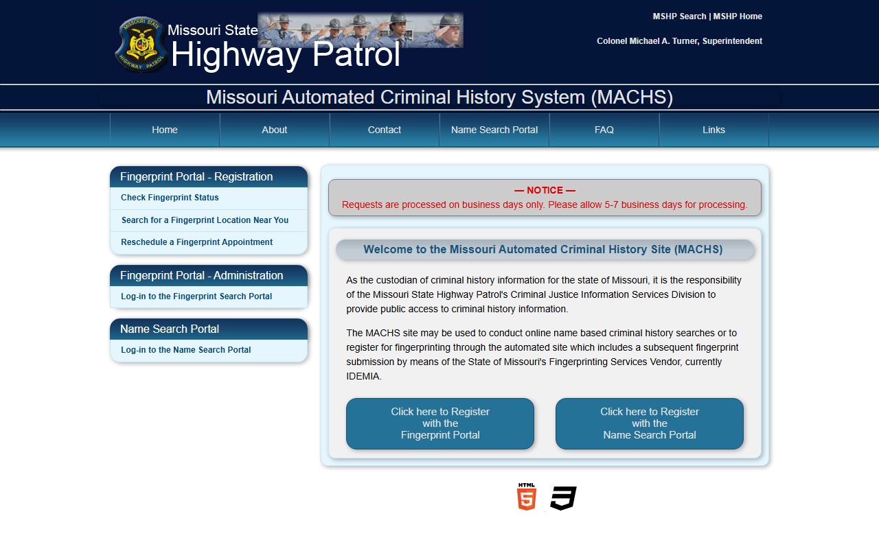 MACHS Missouri Automated Criminal History Site search portal for police blotter records