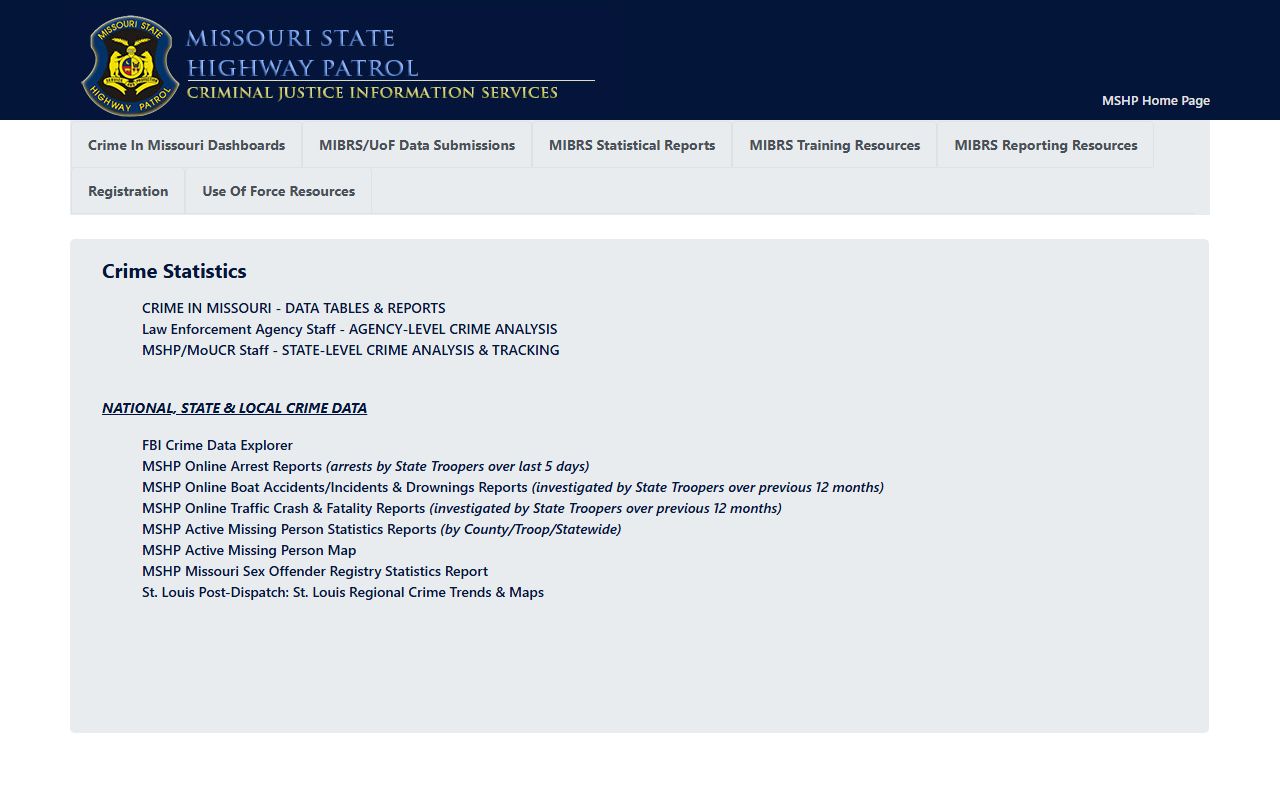 Missouri State Highway Patrol online arrest reports and police blotter data